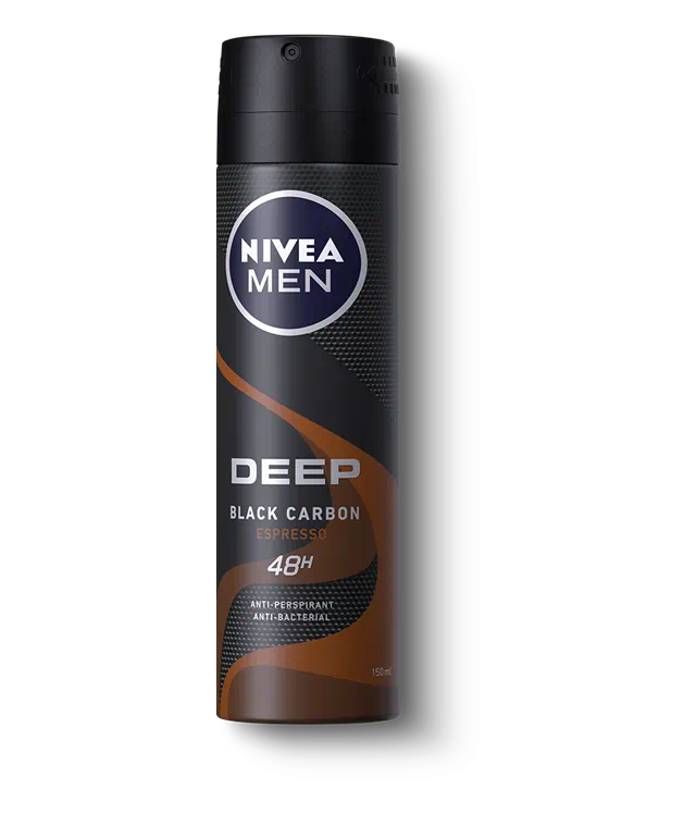NIVEA MEN Antiperspirant Spray for Men, 48h Protection, DEEP Black Carbon Antibacterial, Espresso Scent, 150ml