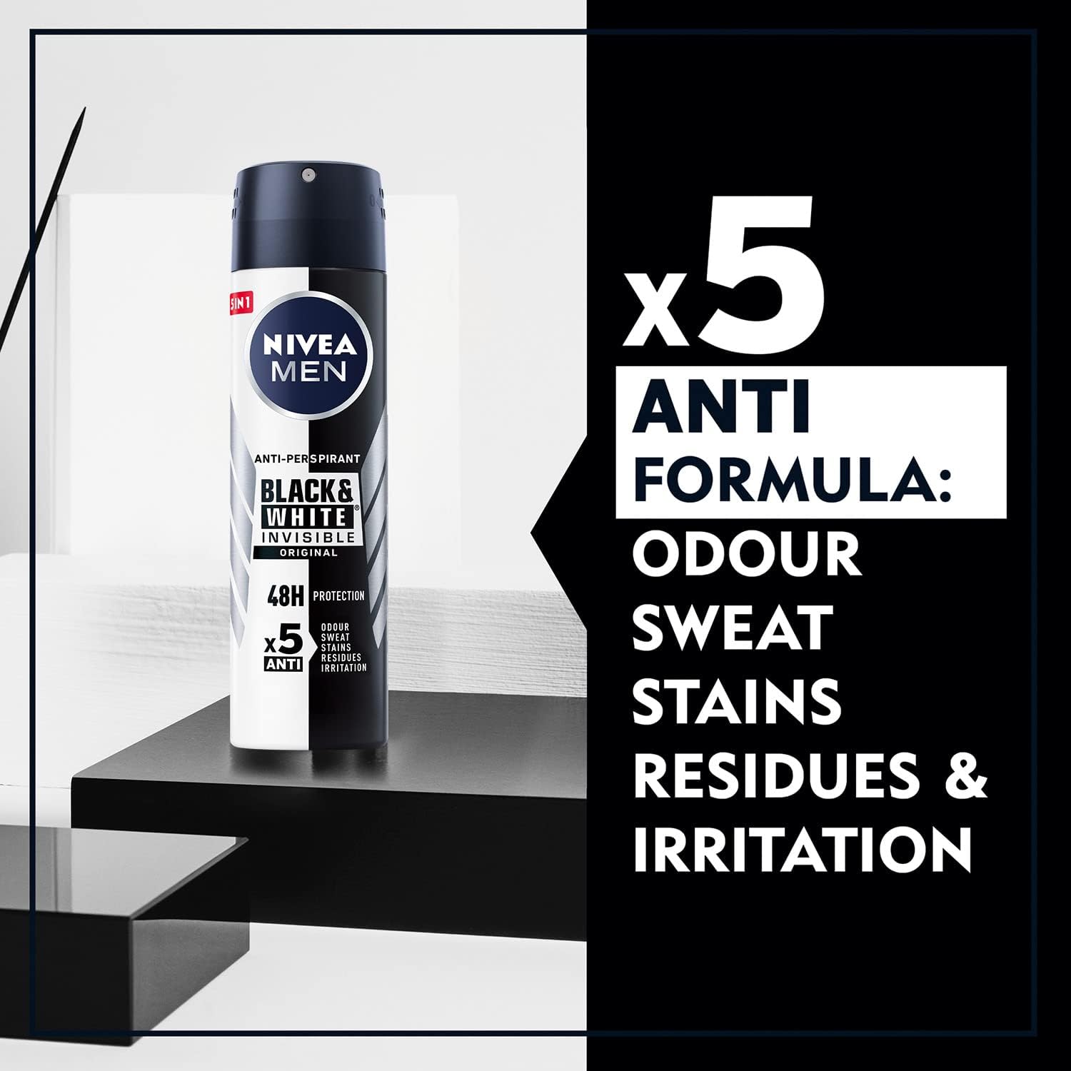 NIVEA MEN Antiperspirant Spray for Men, 48h Protection, Black & White Invisible Original, 150ml