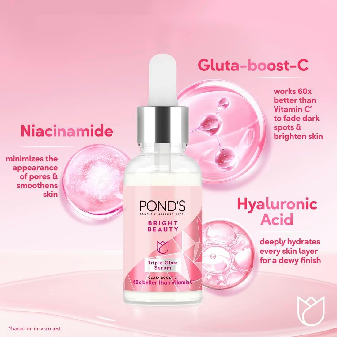 Pond's Bright Beauty Face Serum Brightens, Smoothens & Hydrates, Triple Glow Moisturizer with Niacinamide (Vitamin B3), Hyaluronic Acid and Gluta-Boost-C, 30g