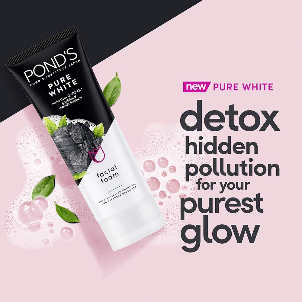 POND'S Pure Bright Face Cleanser with foam for hydrated skin; Activated Charcoal & Green Tea gives radiant skin, 100g