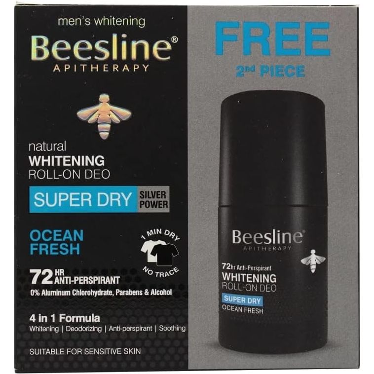 Beesline Natural Whitening Roll On Deodorant Super Dry Ocean Fresh Silver Power 2x50ML (1+1 Free)