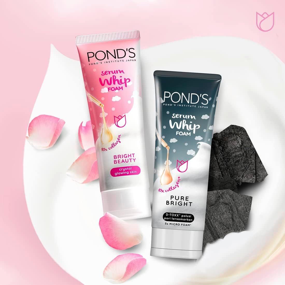 POND'S Serum Whip Facial Foam for nourished, bright skin, Bright Beauty, Infused with Collagen Serum, Vitamin B3 & French Rose Extract, 100g