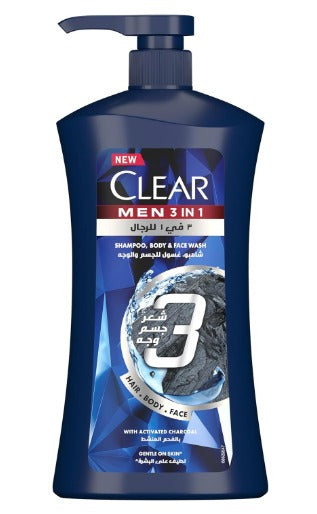 CLEAR MEN Complete Care 3in1 Shampoo, For Hair, Face & Body With Activated Charcoal, for 100% dandruff free hair and moisturized skin, 900ml
