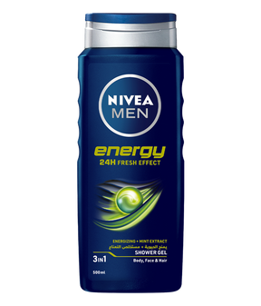 NIVEA MEN 3in1 Shower Gel Body Wash, Energy 24h Fresh Masculine Scent, 500ml